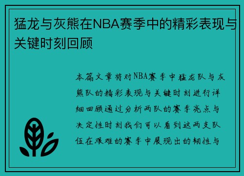 猛龙与灰熊在NBA赛季中的精彩表现与关键时刻回顾